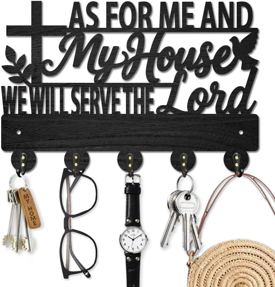 MAYJOYDIY Text Dove of Peace Wooden Key Holder for Wall As for Me and My House Key Hanger 11.8×7.9 Inch Wall Mount Coat Rack with 5 Alloy Hooks for Entryway Kitchen Office Bedroom Gift