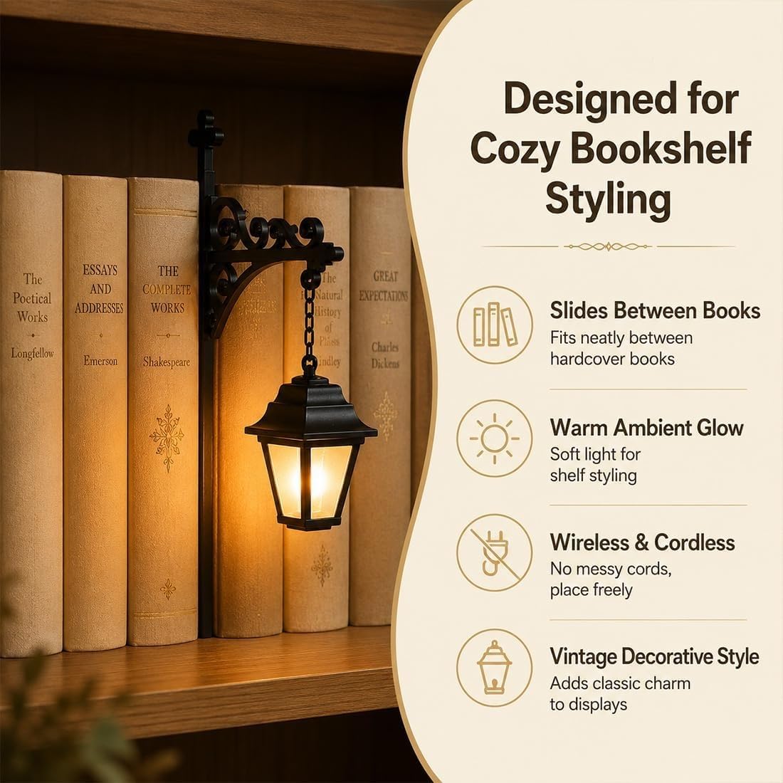 Pealeaf Bücherregal Lampe für Bücherliebhaber, Vintage LED Buch Laterne als dekorative Regalbeleuchtung, gemütliches Nachtlicht für Leseecke, Schreibtisch und Schlafzimmer Dekoration (A3)