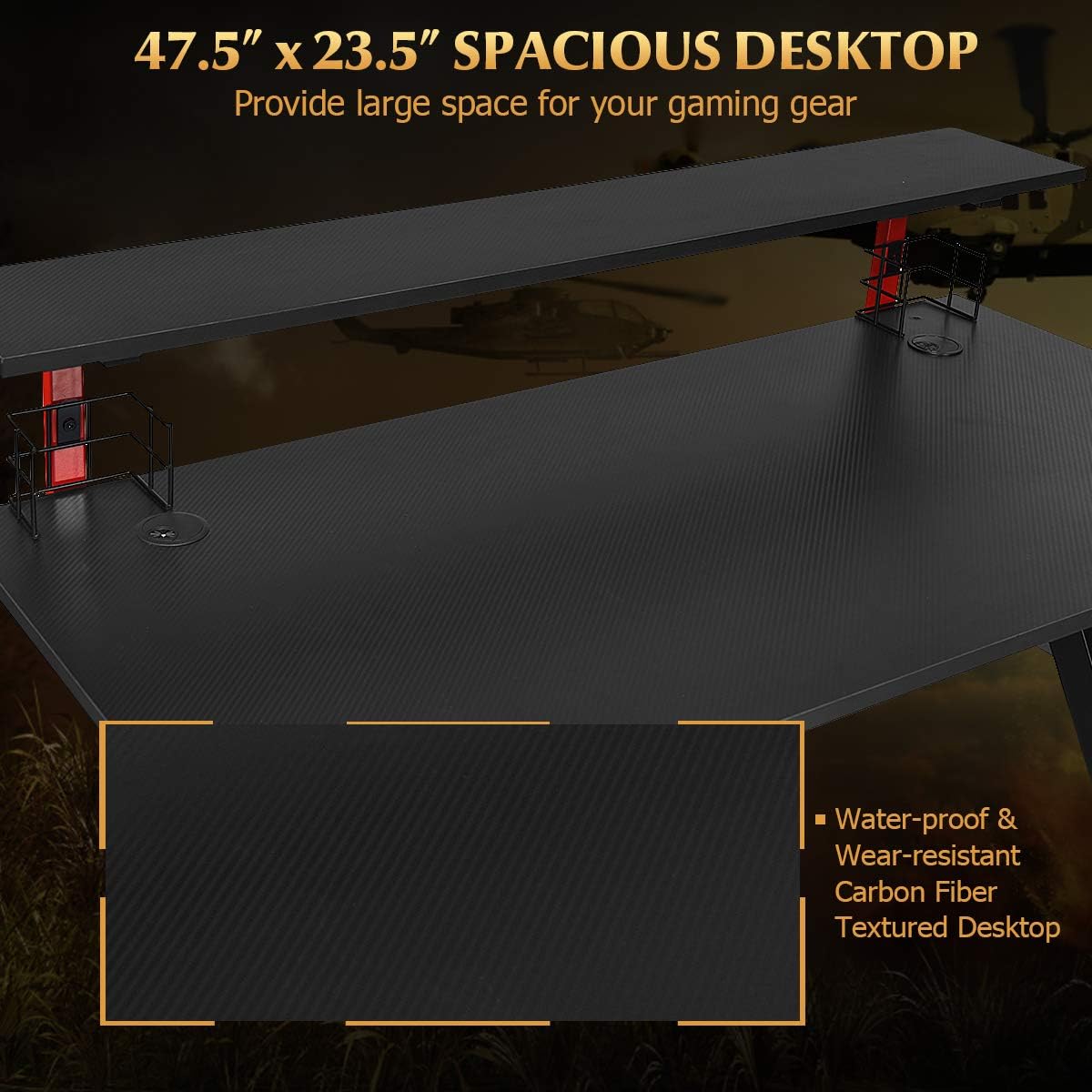 Close-up of the 47.5 x 23.5 inch spacious desktop with carbon fiber texture