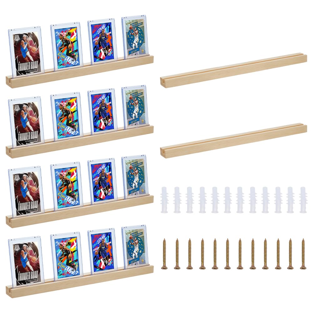 FINGERINSPIRE 6 Pack Support D'Affichage de Cartes à Collectionner Rack Bois pour Cartes Sportives 38x3.45x1.85cm Étagère Affichage Carte Cadre pour Carte Baseball Murale Avec Vis pour Boîtiers 35Pt