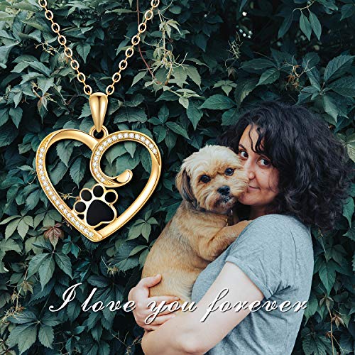 Sisgem 14K Yellow Gold Heart Pendant Necklace For Women, Real Gold Dog Cat Paw Print Jewelry Gifts For Her, 16+1+1 Inch #TOP6