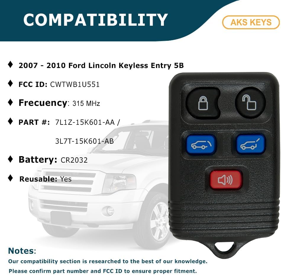 Replacement for 2007 2008 2009 2010 Ford Expedition Lincoln Navigator Keyless Entry 5 Buttons Fob That Uses FCC CWTWB1U551 Compatible with Part Numbers 7L1Z-15K601-AA 3L7T-15K601-AB (2)