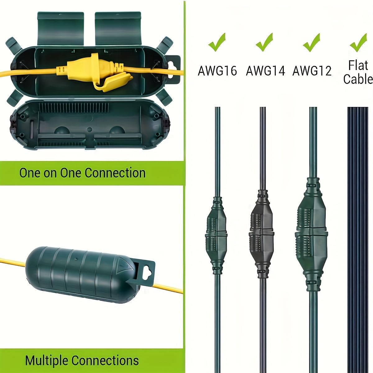 1pc Durable PVC Outdoor Extension Cord Safety Cover with Seal, Weatherproof Electrical Connection Box, Green & Black, Protects Outlets, Plugs & Sockets from Rain, Snow & Ice(Green)