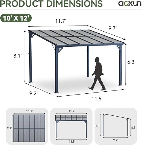Miniatura 59 de Aoxun Pérgola de 8 x 5 pies para patio, cenador con techo inclinado, pérgola para parrilla grande montada en la pared, toldos resistentes, para Negro