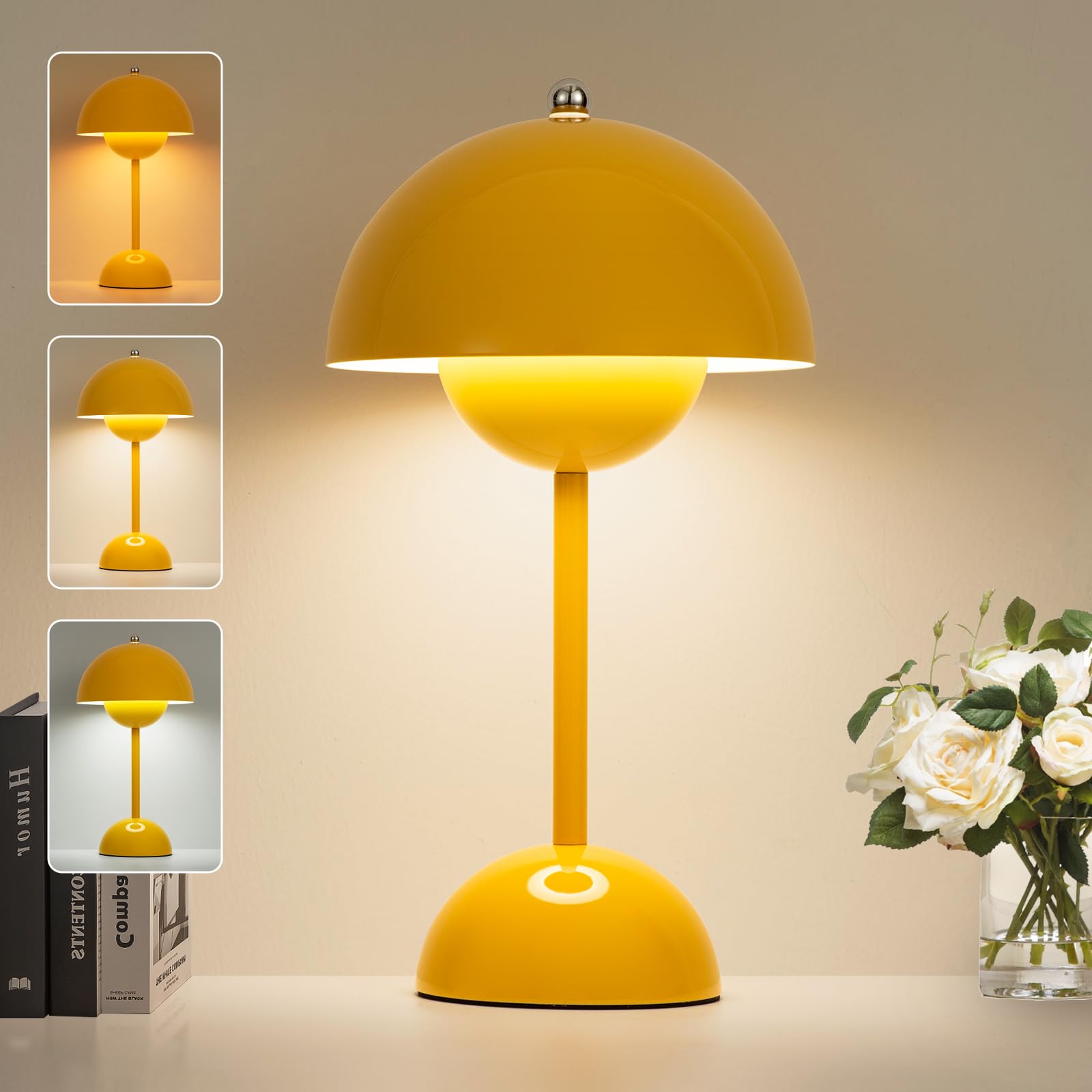 Modern Flowerpot Cordless Table Lamp,2600mAh Rechargeable Battery Operated Mushroom Light,3 Color Stepless Dimmable,Portable Bedside LED Desk Lamp,Perfect for Bedroom/Restaurant(Yellow)