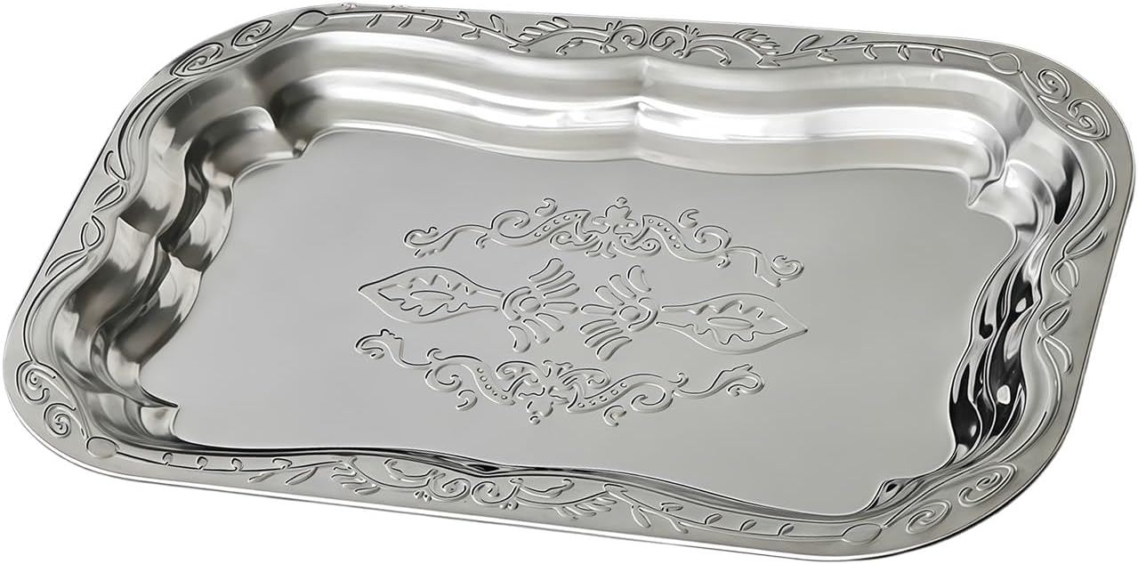 Metal Food Tray Stainless Steel Floral Engraved Party Platters for Displaying Fruits Dessert and Cupcakes Wedding Decors Metal Engraved Serving Tray
