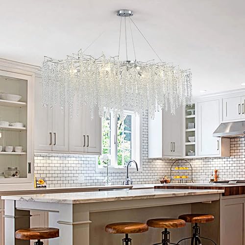 Miniatura 5 de Lámpara de araña moderna de cristal para comedor, 63 pulgadas de largo, 15 luces, iluminación colgante de rama de árbol de lujo con cristales,