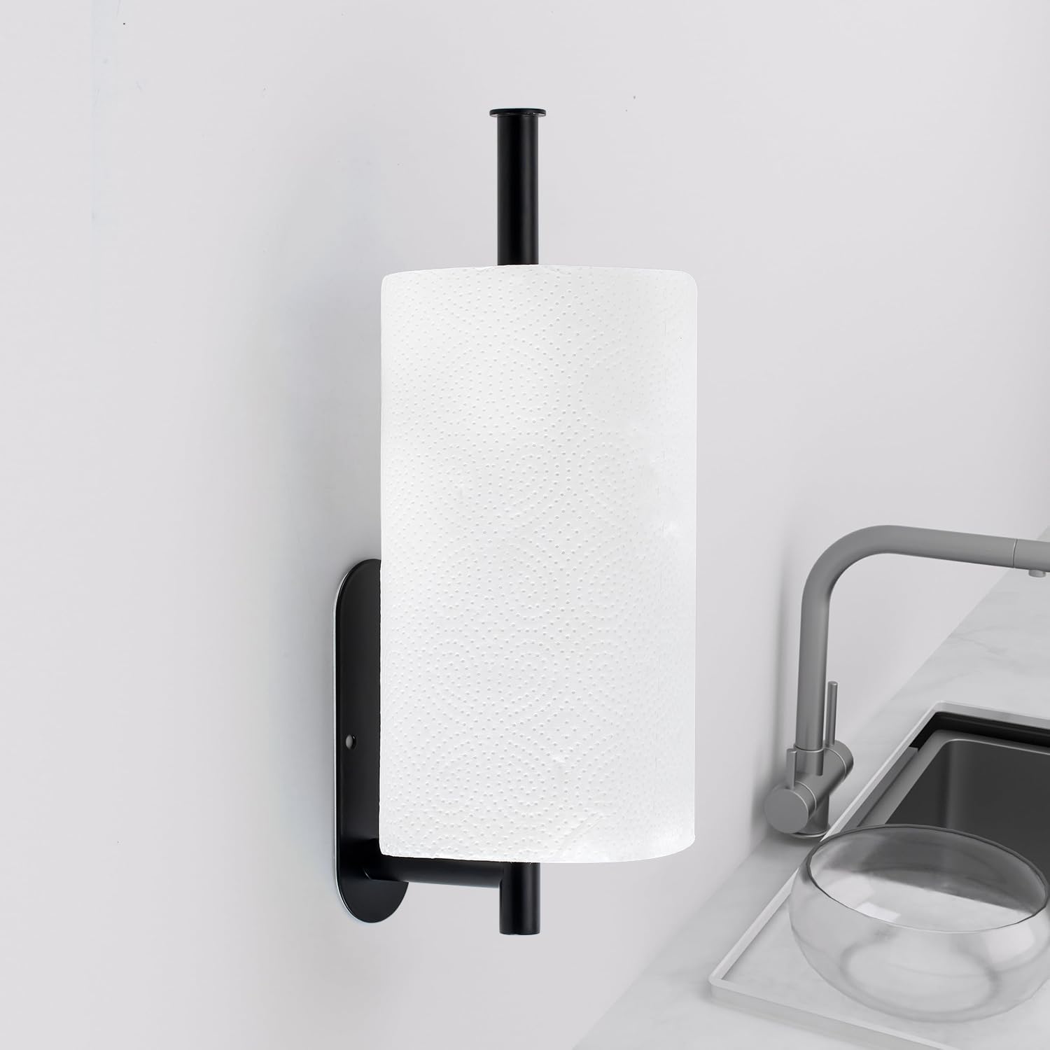 Paper Towel Holder Under Cabinet, Kitchen Paper Towel Holder Wall Mount, Self Adhesive Paper Towel Bar Under Counter Hanging Tissue Roll Dispenser for Kitchen Bathroom Organize, Black