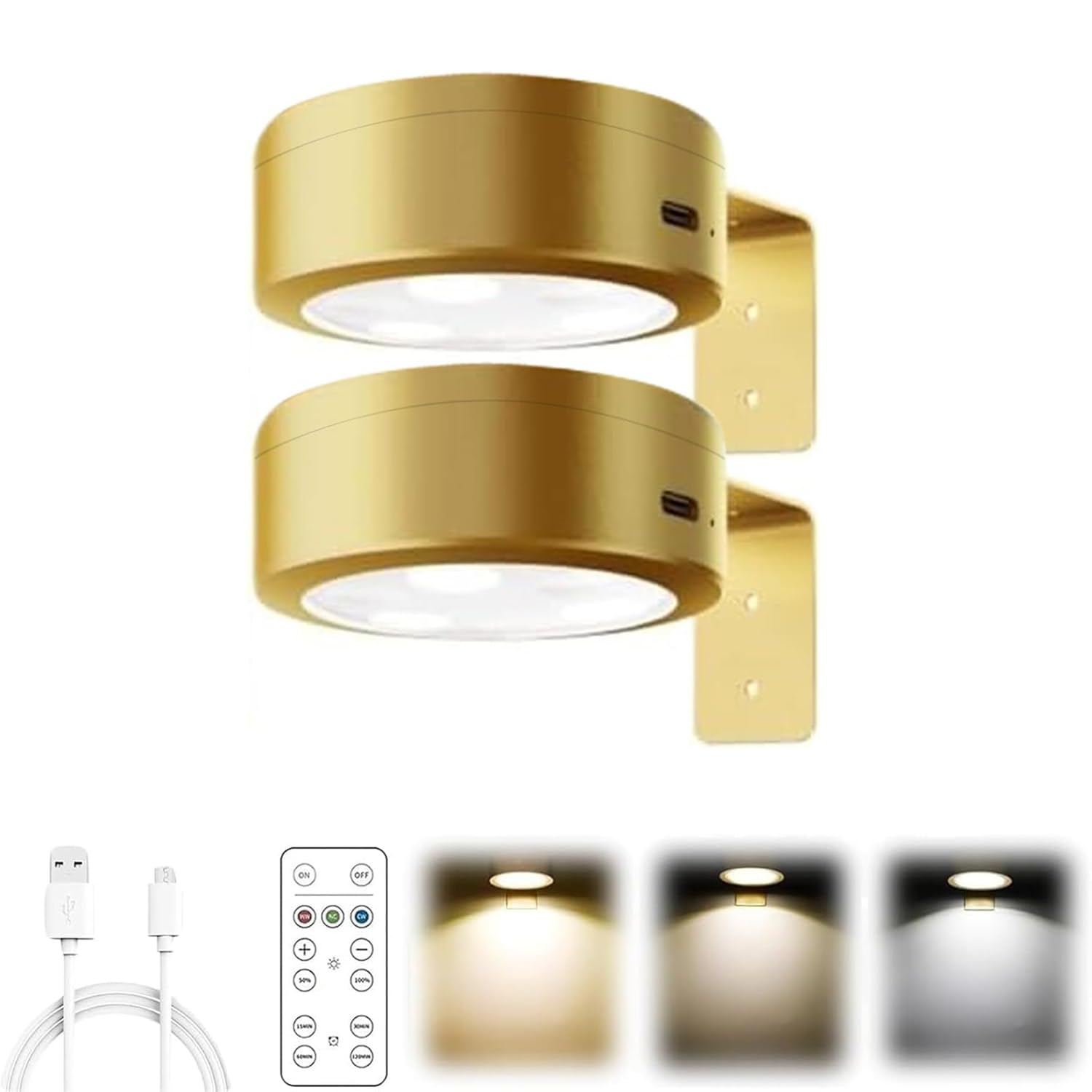 Kouamor 6.8cm 2pcs Picture Lights for Wall, Battery Magnetic Wall Lights with Remote, 3 Color Modes Magnetic Painting Light, Wireless Art Picture Frame Lights, for Picturess Frame Paintings (Golden)