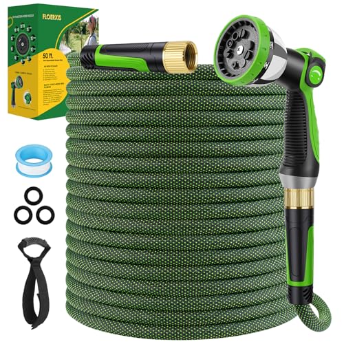 Non-Expandable Garden Hose 50 FT, Lightweight Hose with 10 Function Spray Nozzle, Kink-Free Flexible Water Hose, Durable, Leak-Proof, 360° Swivel Connectors, Portable Storage Strap