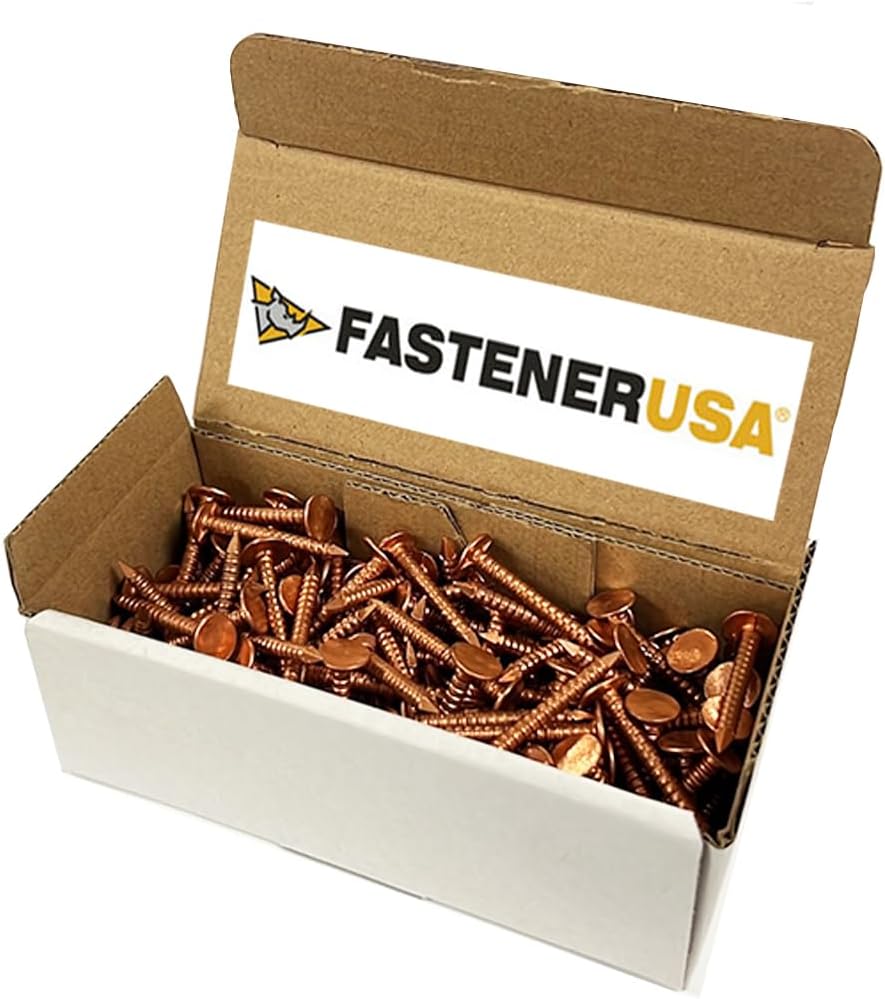 1 1/4" Solid Copper Ring Shank Roofing Nails, 10 Gauge, 3/8" Head, Diamond Point, for Slate Roofing, Gutters, Sheet Metal, Decorative Copper, Saddlery, 1 lb (Approx. 147 Nails), Made in USA