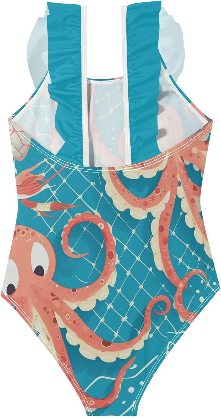 visesunny Girls One Piece Swimsuits Ruffle Swimwear Cartoon Octopus Fishnet Bathing Suits for Girls 3-6Y