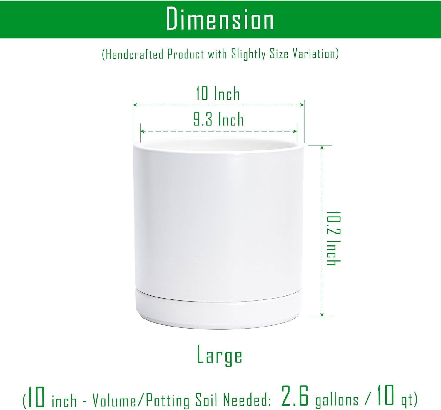 D'vine Dev 10 Inch Ceramic Planter Pot with Drainage Hole and Saucer, Indoor Cylinder Round Planter Pot, White, 94-O-E-1 - Image 3