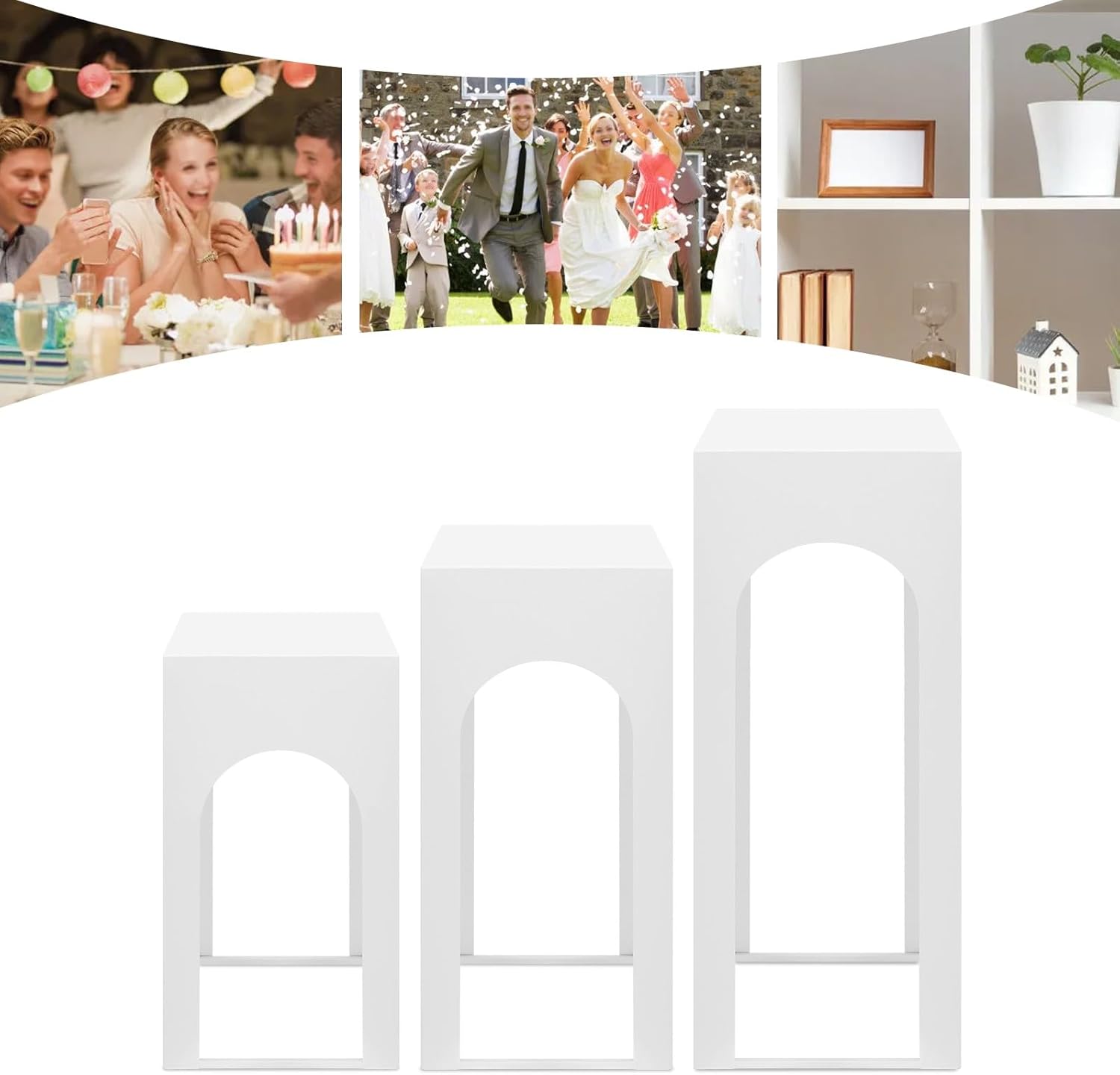 3Pcs White Display Pedestal Stands for Party, Metal Pedestal Display Plinth Pillars Sculpture Display Column Decoration, Square Tall Pedestal Cake Stands Pillars for Wedding Birthday Party
