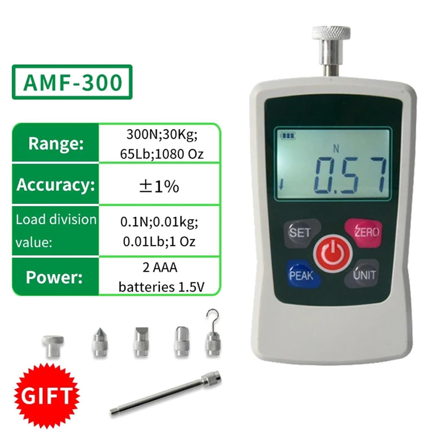 1pc AMF-300N 300N;30Kg;65 Lb;1080 Oz Digital Force Gauge Oz,Lb,N,Kg, Portable Pull Push Force Gauge Measuring Instrument Dynamometer