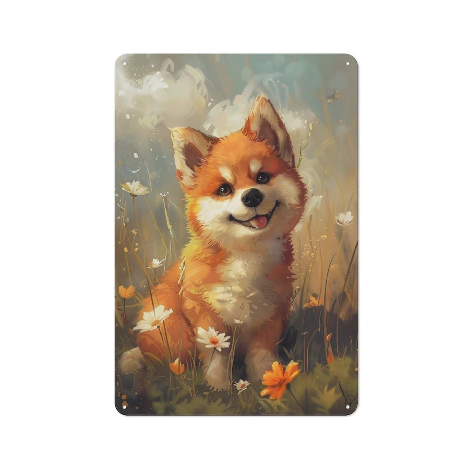 Junmoney Cute Orange Puppy In Flowers Warehouse Style Metal Wall Decor 30X20cm, Industrial Metal Sign For Workspace, Cafe, Hallway Or Garage