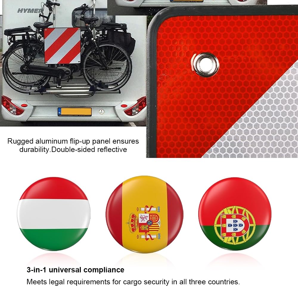 Panneau Avertissement Porte Vélos 50x50cm, 2 en 1 Italie et Espagne en aluminium avec 4 pièces de sangles de tension, Panneau de Signalisation Italien pour Porte vélo ou Moto,Caravane,remorque