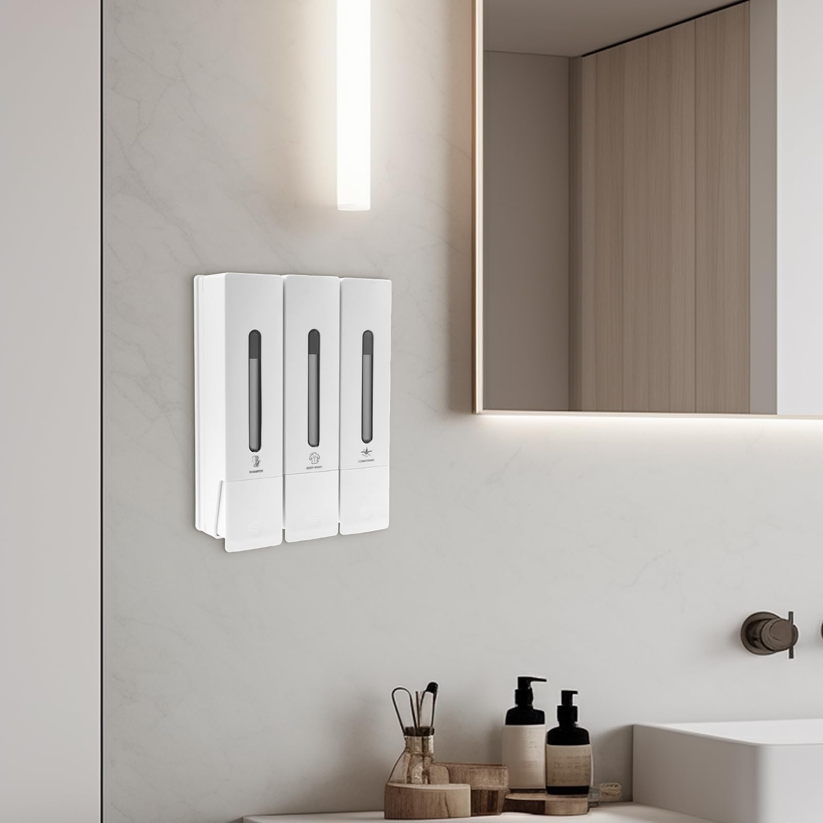 3 dispenser di sapone senza foratura, dispenser per shampoo e balsamo, per bagno, gel doccia, montaggio a parete, 3 dispenser per shampoo da 400 ml, erogazione uniforme di liquidi per sapone liquido e