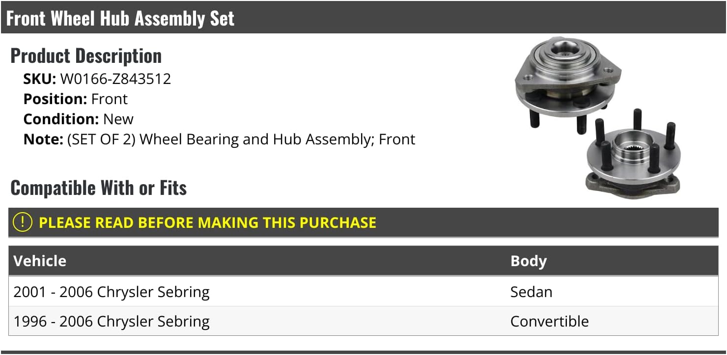 Front Wheel Hub and Bearing Assembly - Set of 2 - Compatible with 1996-2006 Chrysler Sebring Convertible, Sedan (Only Fits 2001-2006 Sedan Models)