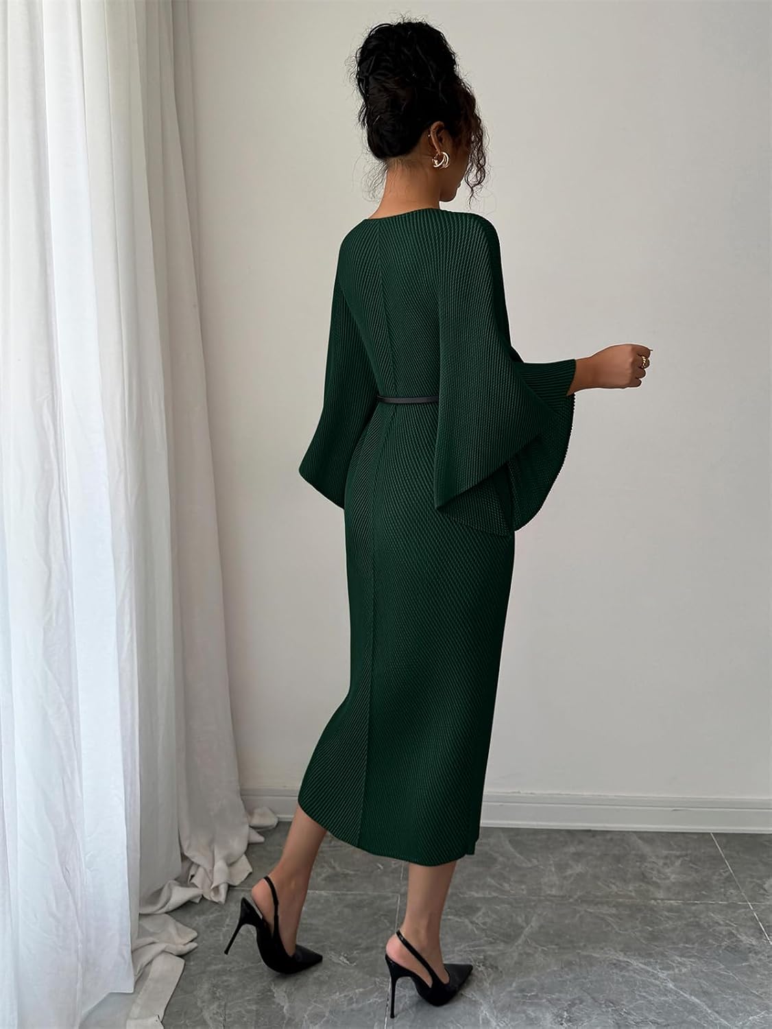 Womens Pleated Midi Dress Casual Loose 3/4 Sleeve High Stretch V Neck Pleat Dress image 2