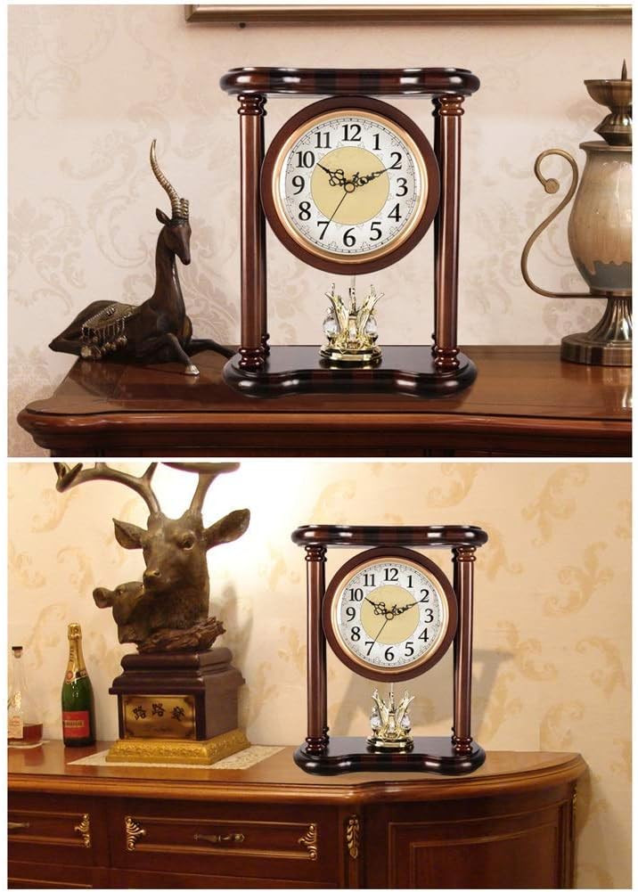 Table Clocks, Mantel Clock with Pendulum Oscillation, European Silent Solid Wood Decorative Table Clock Battery Operated, for Living Room Fireplace Office Desk Decor Gift,