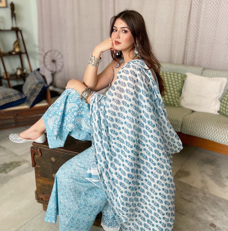 Image of Women's Cotton Anarkali Kurta Set with Dupatta | Sleeveless Printed Kurti & Palazzo Suit | Ethnic Wear for Girls & Women