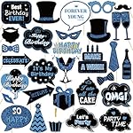30 Pcs Blue Boys Men Birthday Photo Booth Props Kit, Happy Birthday Party Decorations Camera Props Baby Shower Photography Supplies