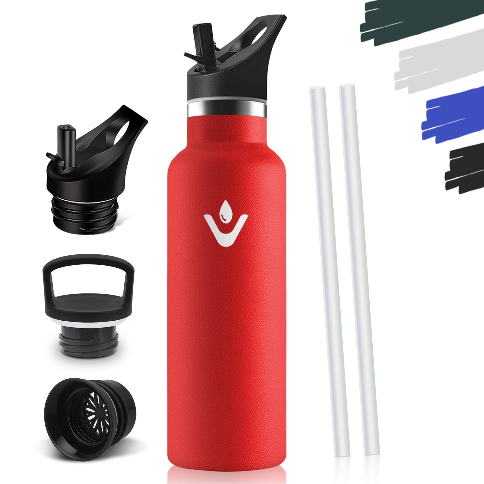 Drinking Bottle 750 ml, BPA-Free, Stainless Steel, Leak-Proof Insulated Flask, Double-Walled, Water Bottle with Straw, 18/8 Stainless Steel, Thermal Flask Suitable for Carbonated Drinks, Red