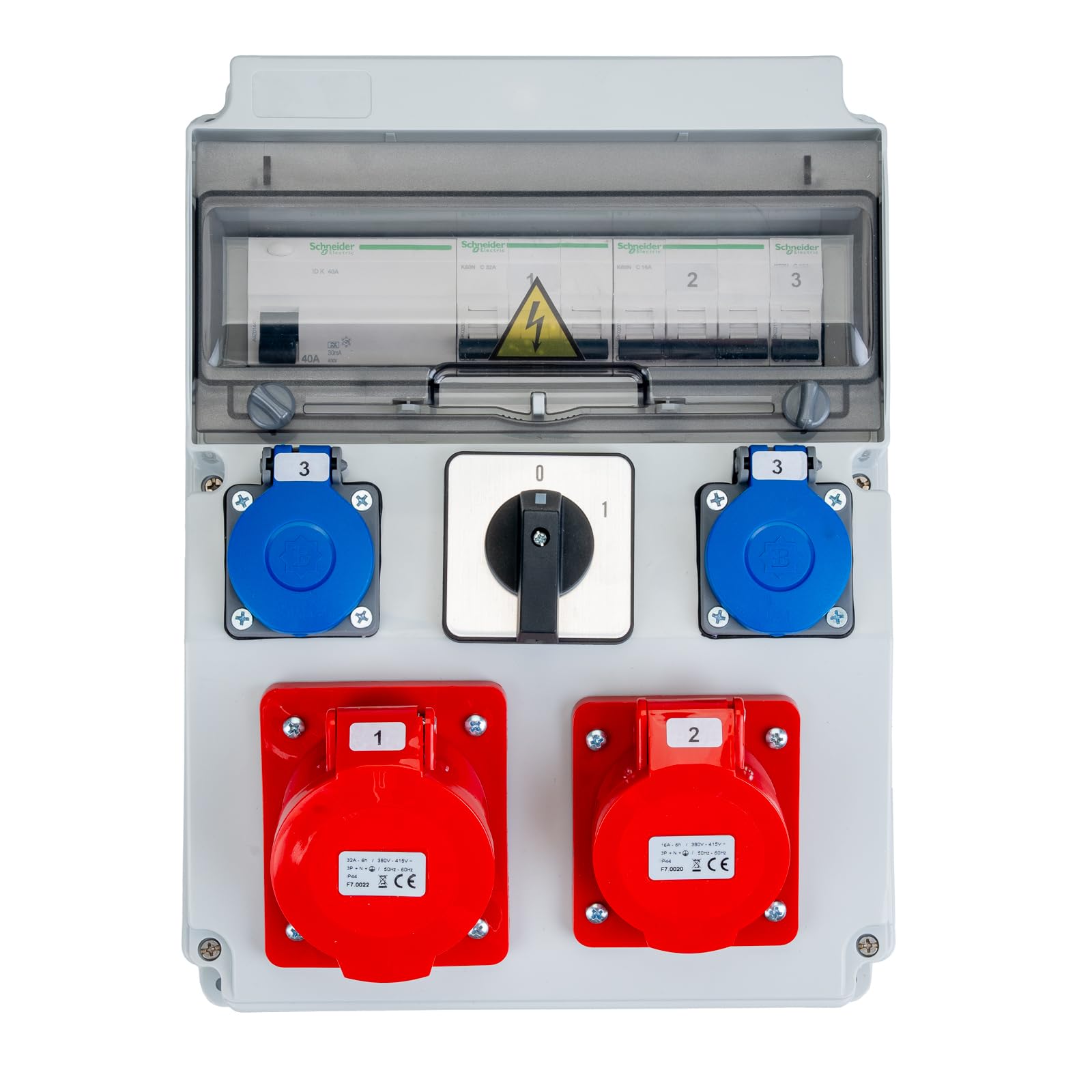 Lumiled Baustromverteiler mit Hauptschalter 0/1 32A, LS+FI, 1x CEE 32A 5-polig, 1x CEE 16A 5-polig, 2x Schuko 230V, Wandverteiler IP65 mit IP44 Steckdosen für Baustelle und Werkstatt