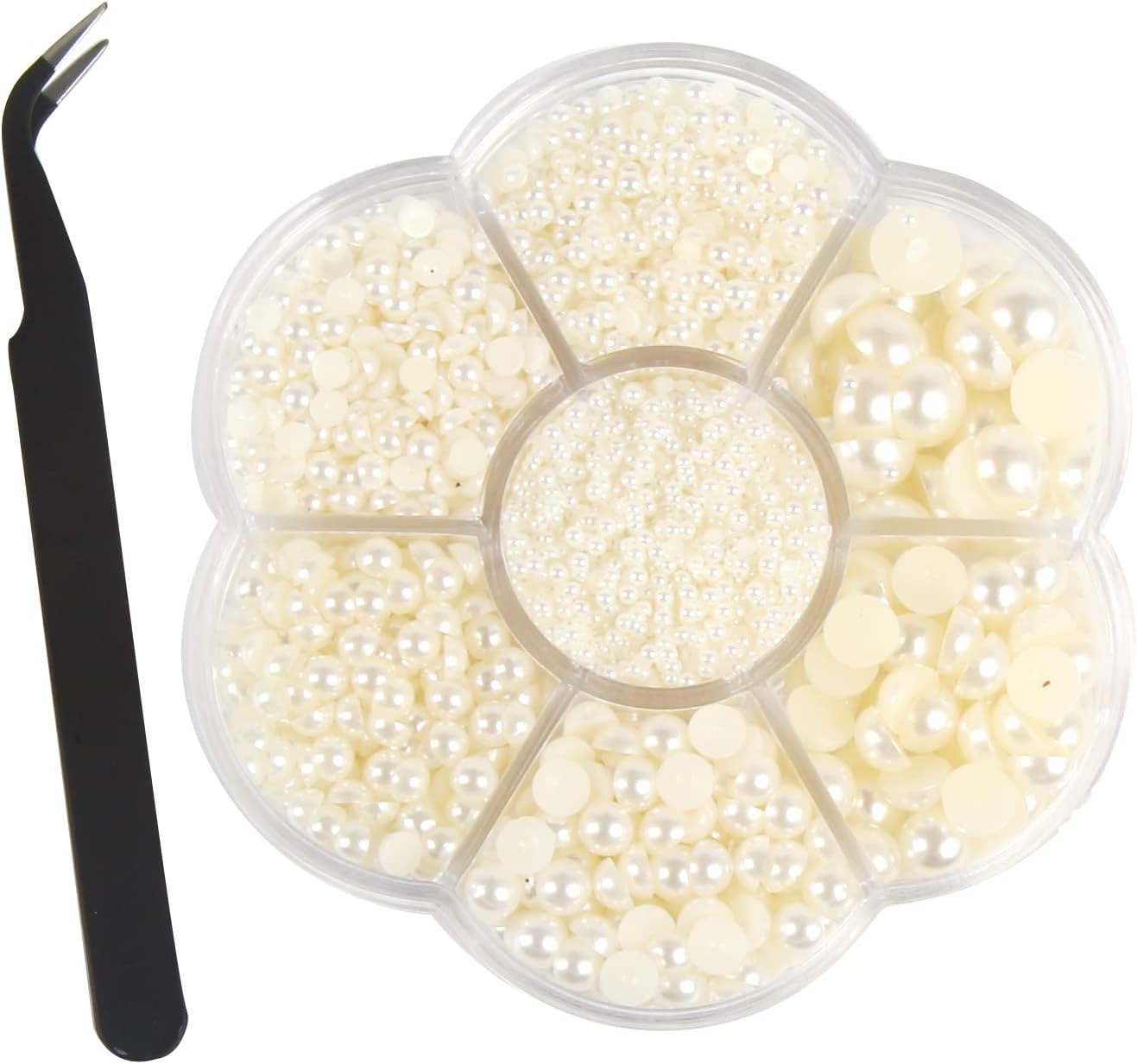 CCINEE 5600Pcs Ivory Half Pearls for Crafts, 2/3/4/5/6/8/10mm Flat Back Round Pearls Beads Satin Luster Loose Beads Gems for DIY Craft Necklaces Bracelets Jewelry Decorations Nail Art Making