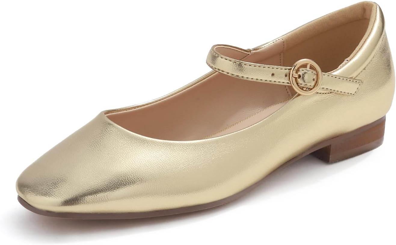 FEVERSOLE Women's Mary Jane Fashion Square Toe Padded Ankle Low Heel Slip On Flats