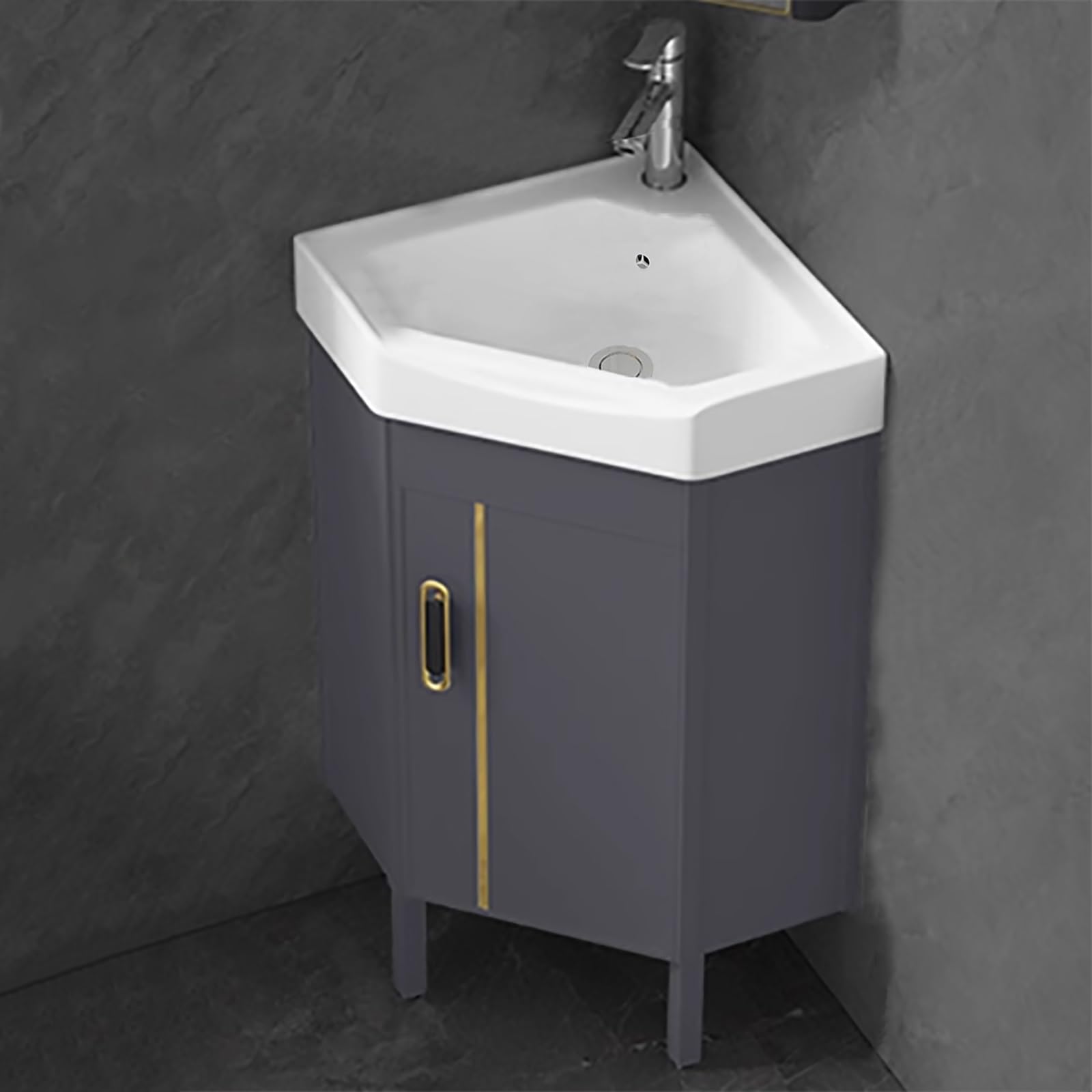 GLJTUO Corner Bathroom Vanity Sink Combo Cabinet Set with Faucet Soft Close Doors for Small Space Floor Mounted Washing Hand Basin Design Ceramic Sink Blue Color 43cm/16.9in,Grey-43cm/16.9in