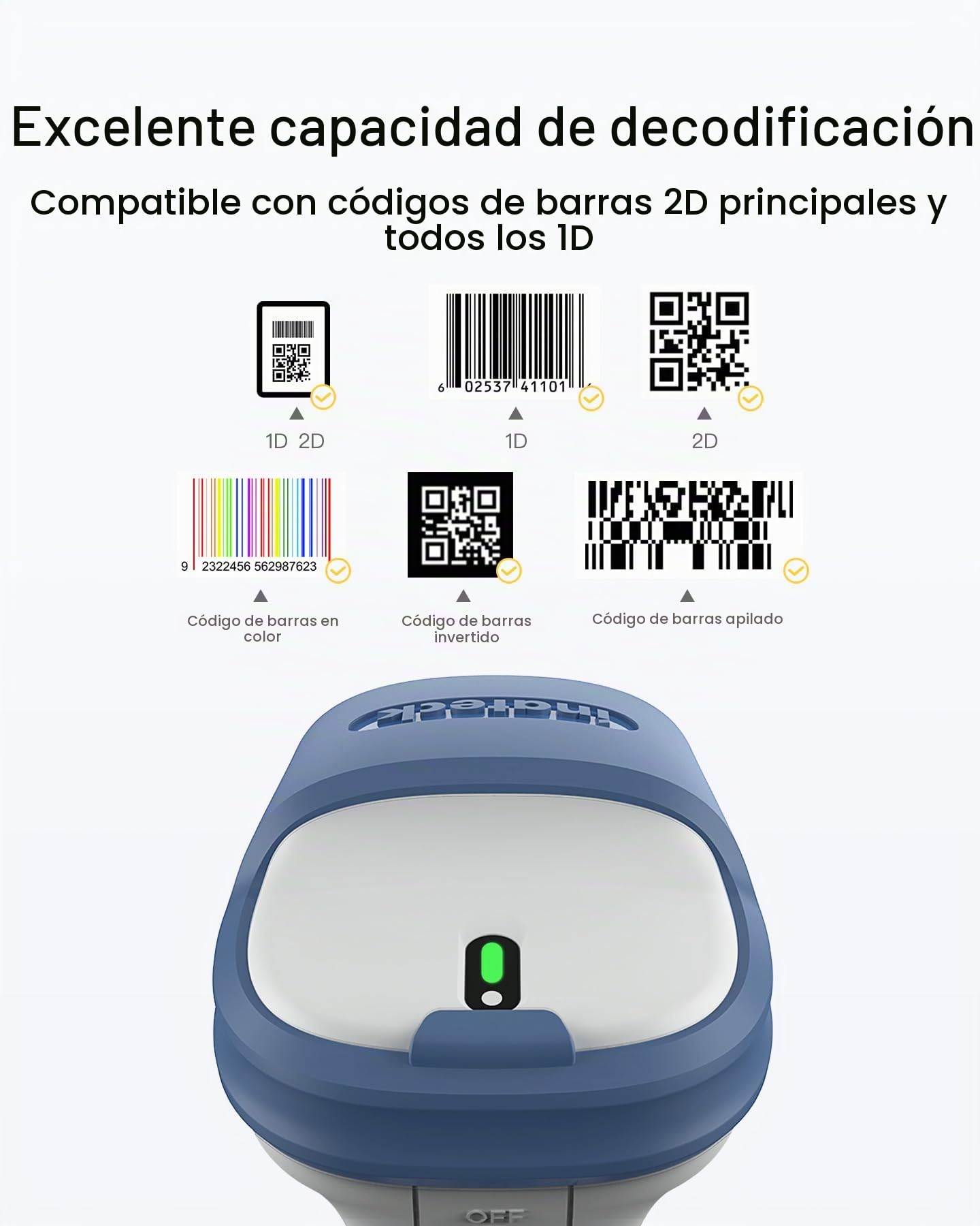 Inateck Escáner de código de Barras inalámbrico 1D 2D, conexión Bluetooth 5.0 y 2.4Ghz, USB 3 en 1, Soporte de Lectura de códigos de Barras en Pantalla, BCST-73