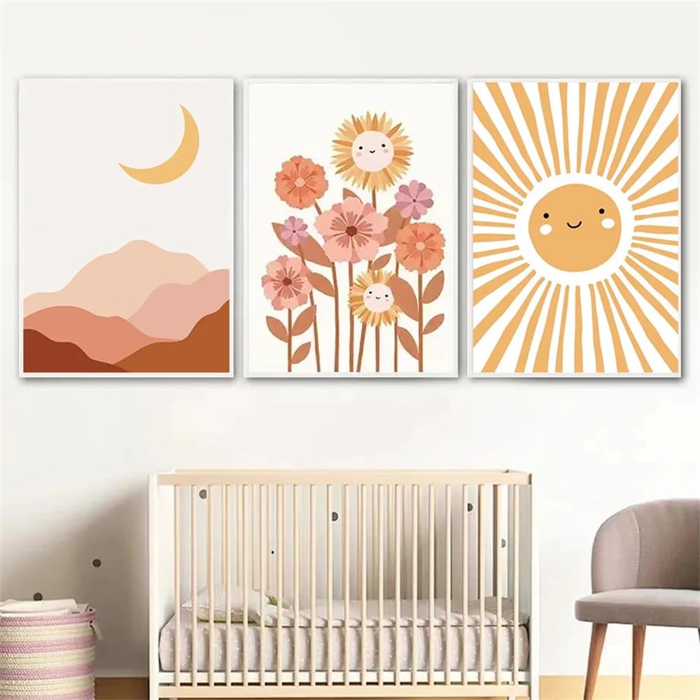 WUHBCZ Wall Posters-Abstract Sunflower Sun Warm Color Clouds Moon Children's for Kitchen Office Bedroom Home Wall Decoration Canvas Poster Painting-40 * 50cm/3PCS (No Frame)