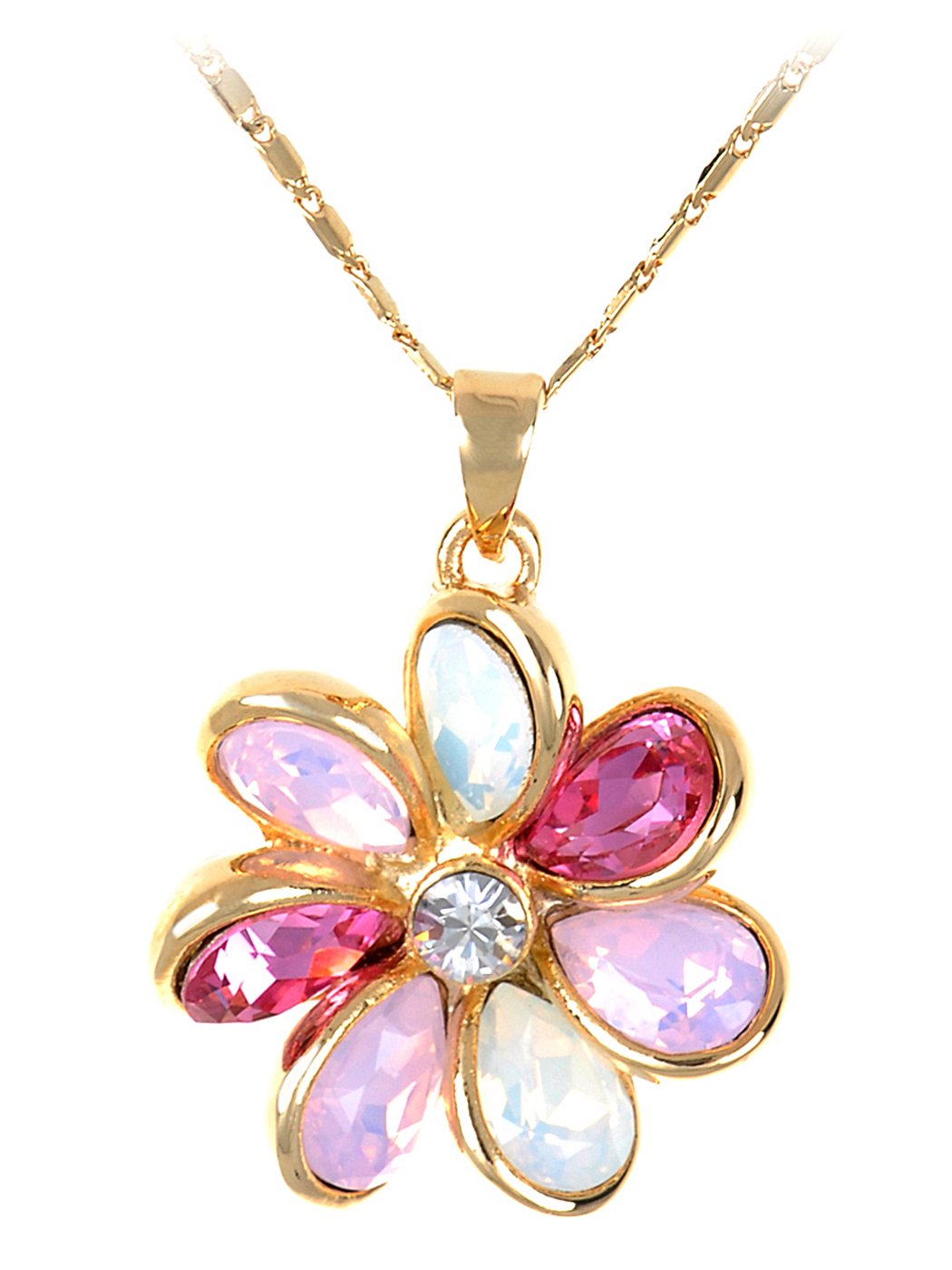 Alilang Alabaster Rose Alternating Floral Petals Golden Tone Crystal Necklace