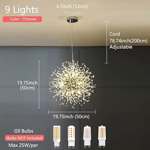 Miniatura 3 de Candelabros de cristal modernos de 9 luces cromadas de diente de león, lámpara de fuegos artificiales, iluminación colgante de techo personalizada
