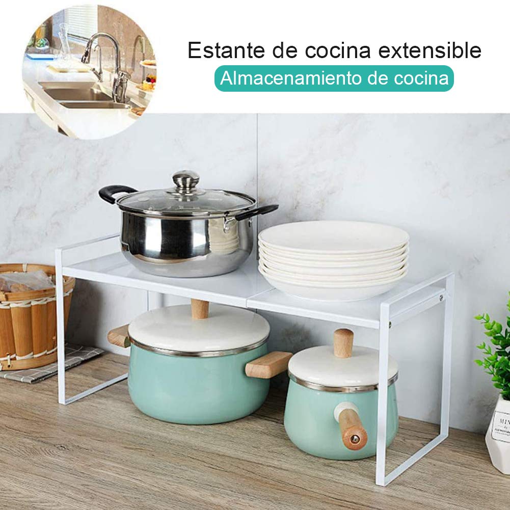 Estantería de Cocina Extensible y Apilable, Organizador Metálico de Almacenaje, 36-60x21x23 cm, Blanco