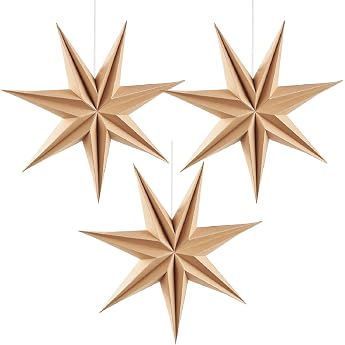 SUNBEAUTY Set of 3 Paper Stars 30 cm Original Wooden Colour Folding 7-Pointed Decoration for Party Christmas Wedding Birthday Table