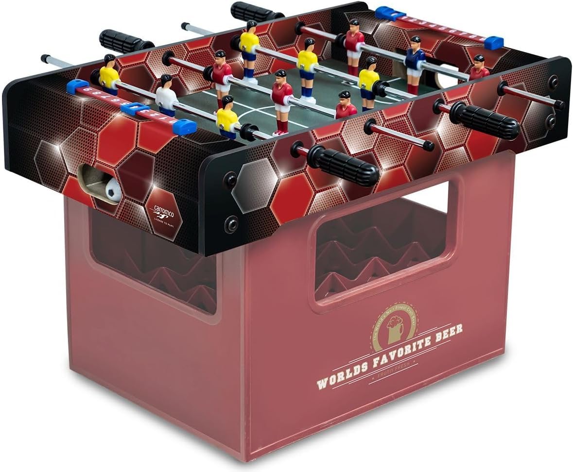 Carromco Bierkistenkicker Mini Tischfußball - Tischfußball Spiel für Getränkekisten 40 x 30 cm - Fußball Tischspiel für Kinder und Erwachsene - mobiler Tischfussball für Party Festival
