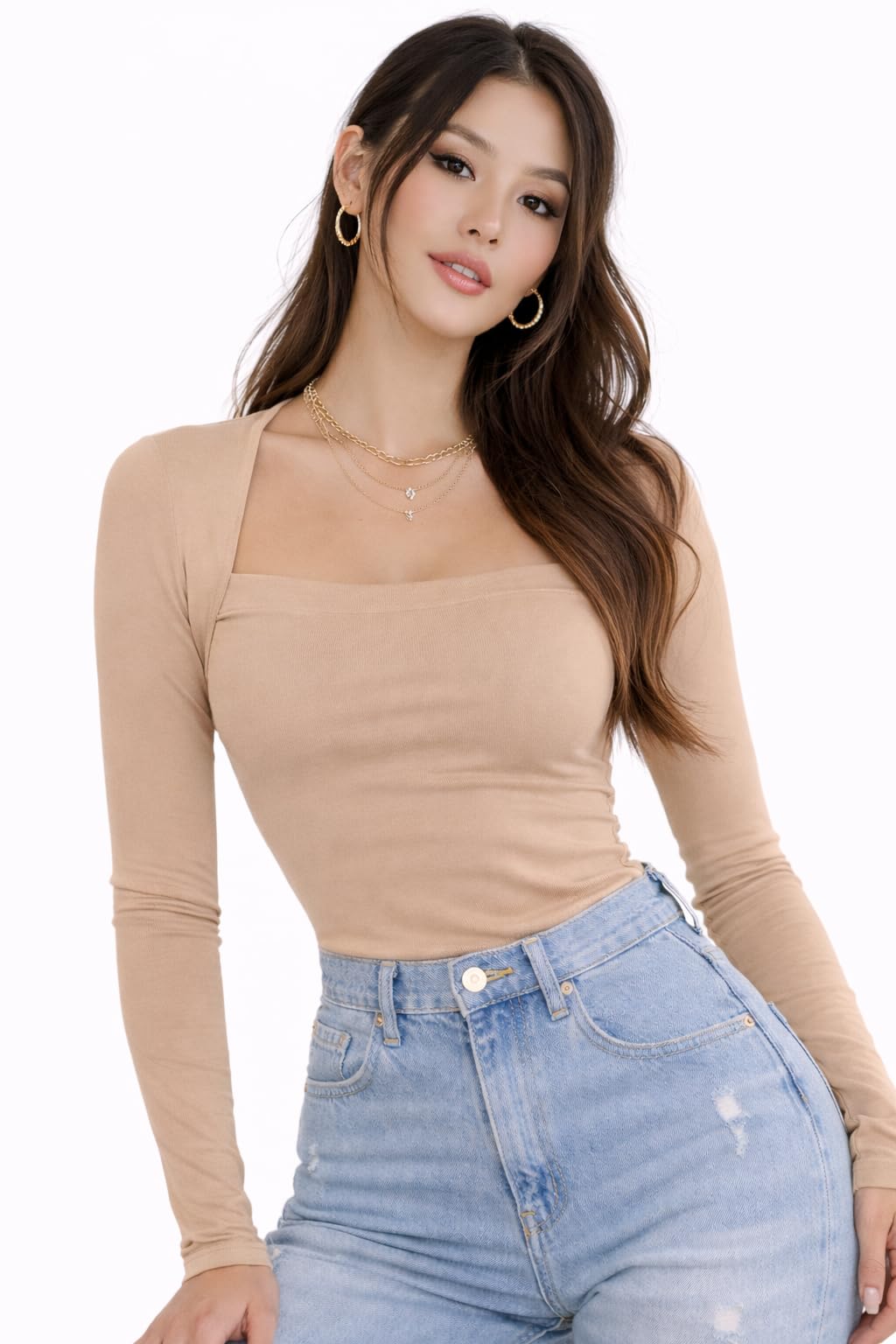 toochki Tops for Women Long Crop Top for Women's Tank Activewear Tee Sports Casual Square Neck Cotton Camisole Sleeve Full-picture-27