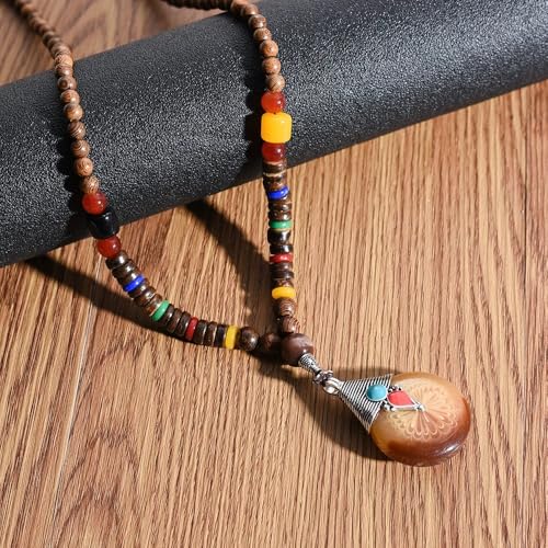 Collier Hippie Argent 925 Anti-Allergie avec Perles en Bois Style Boho