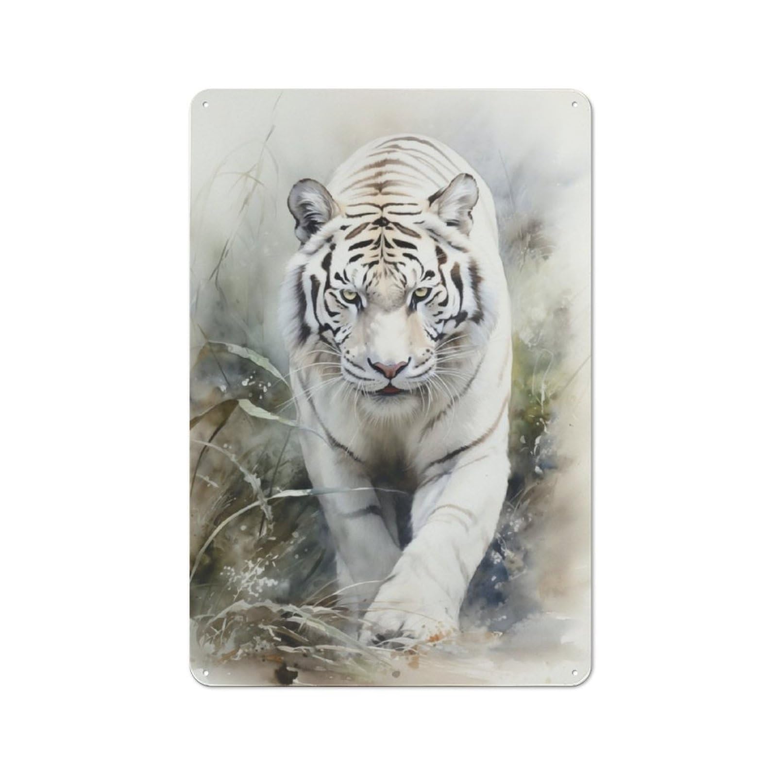 Tin Wall Plaque 30x20cm with Watercolor White Tiger for Garage Or Workshop, for An Autumn Wall Display in Garage And Workshop