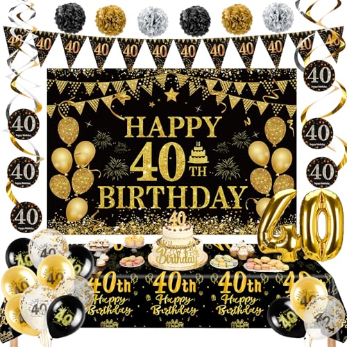 40th Birthday Decorations for Men Women Black Gold Party Backdrop Happy 40th Birthday Decoration Set with Banner Number Foil Balloon Tablecloth Cake Topper 40 Year Old Party Supplies Decor