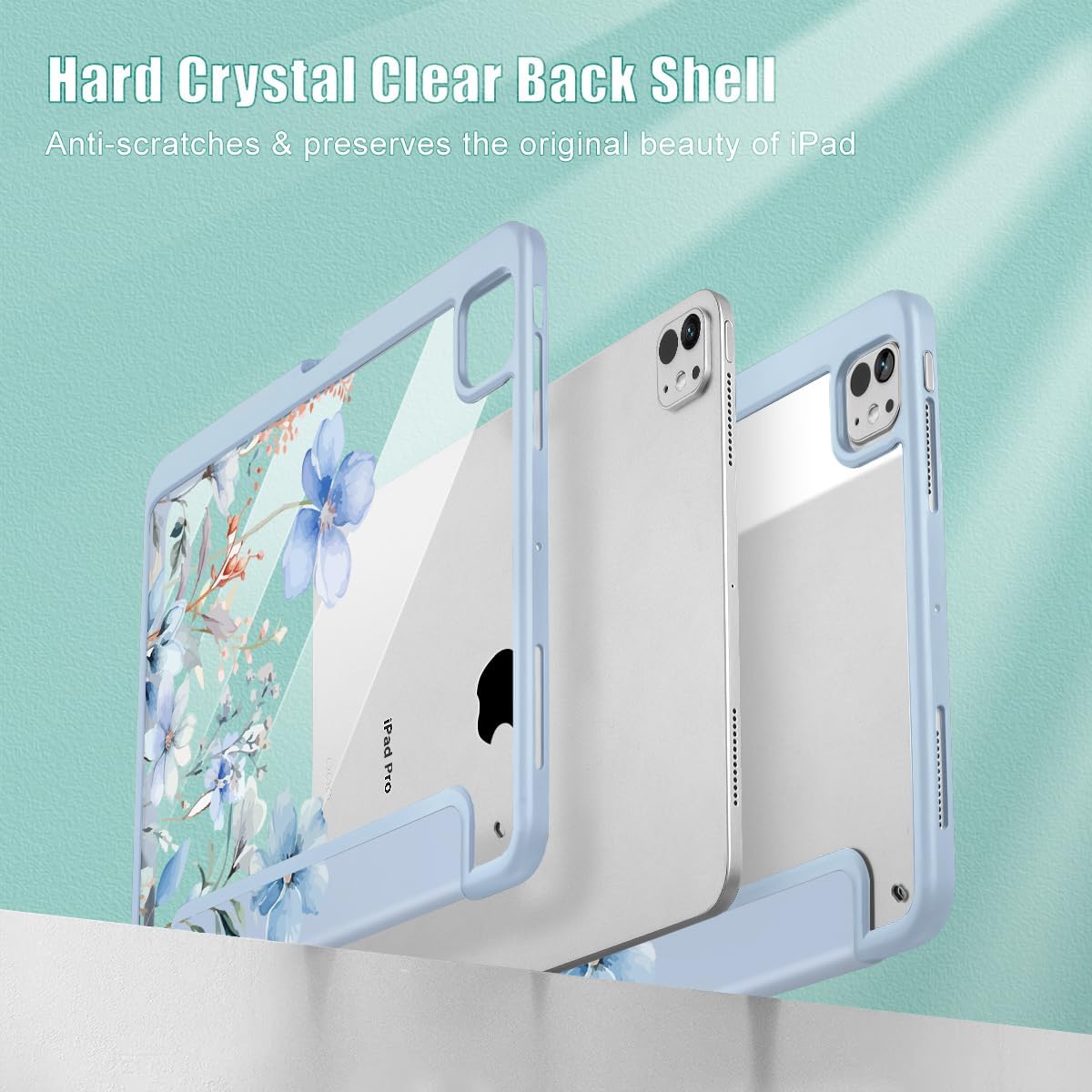 May Chen Case for iPad Pro 11-Inch M5/M4 2025/2024 (6th/5th Generation), Clear Transparent Print Back Shell Slim Stand Shockproof Tablet Cover, Auto Wake/Sleep, Blue Flowers