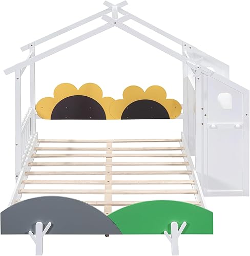 Miniatura 255 de Cama de casa de tamaño individual con 2 cajones, marco de cama de madera y barandilla de seguridad. Ahorra espacio, ideal para el dormitorio de un