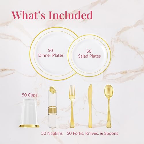 Miniatura 9 de Juego de vajilla dorada de 600 piezas 100 invitados 100 platos de plástico para cena 100 platos dorados para ensalada juego de cubiertos de plástico