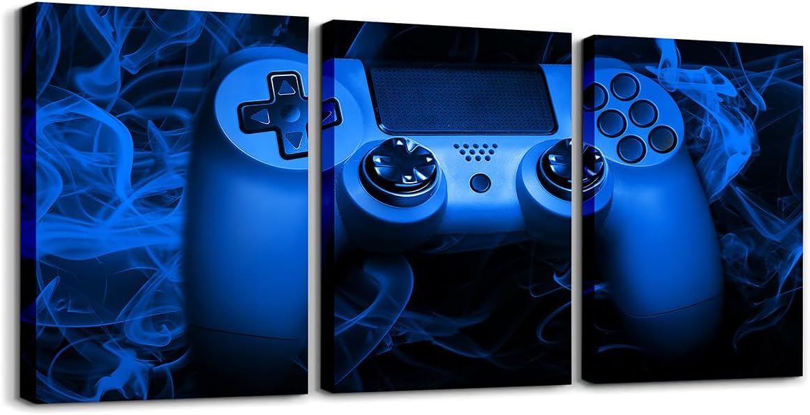 Feelyou Gamer Canvas Posters Picture Wall Art for Kids Boys Teens Game Controller Wall Art for Home Living Room Bedroom Gaming Wall Painting Blue,12x16 Inch 3 Piece