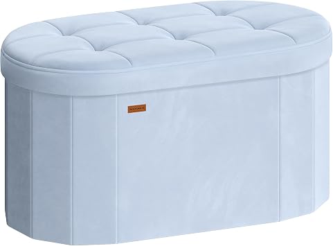 SONGMICS Folding Ottoman with Storage, Oval Bench, Velvet Fabric