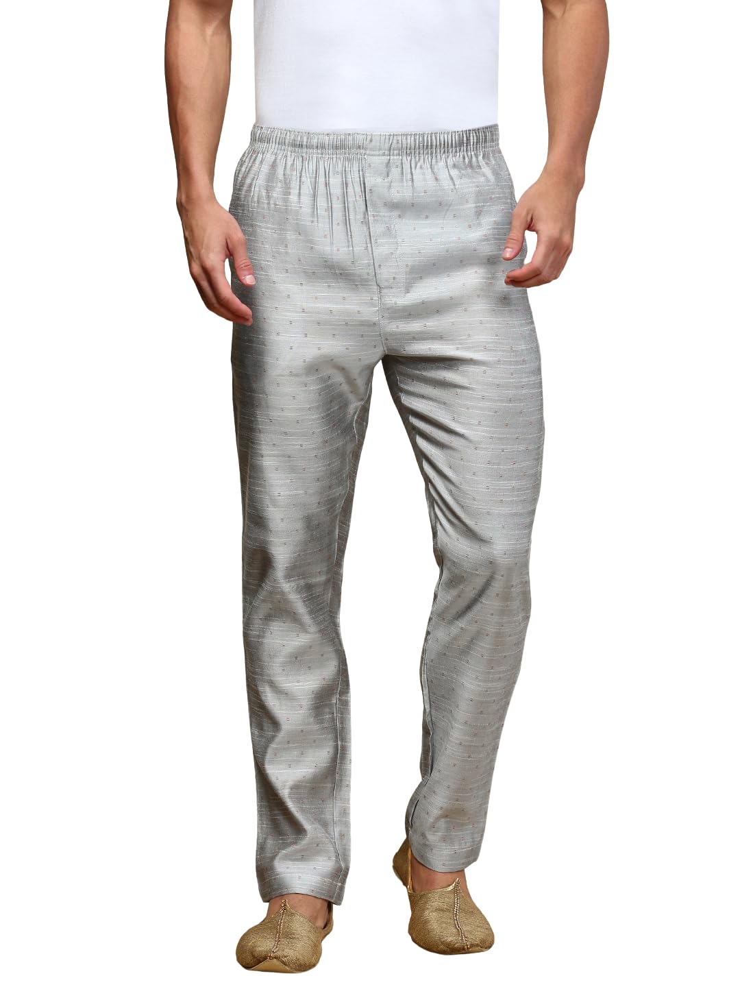 Mens Viscose Blend Salwar Pyjama Pant | Elasticated Waistband with Inner Drawstring, Button Closure, Side Pockets| Regular Fit Ethnic Wear Churidar Pajama (Light Grey - Gold; S)-image-14