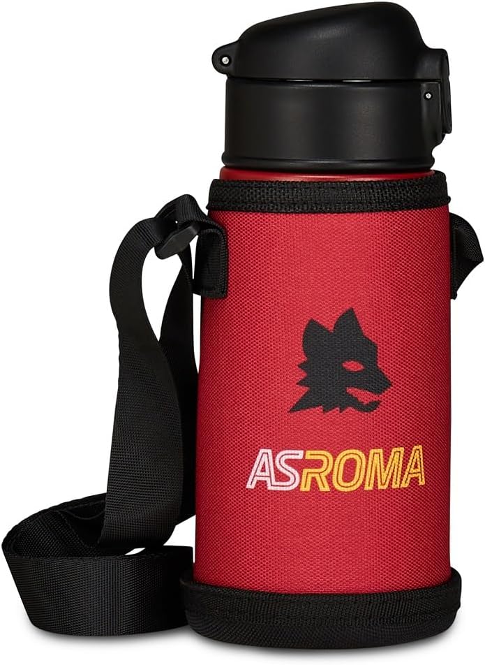 AS Roma Seven Boy's Water Bottle, Red, with Bottle Holder with Shoulder Strap, Temperature Resistance: Warm 12 Hours/Cold 24 Hours